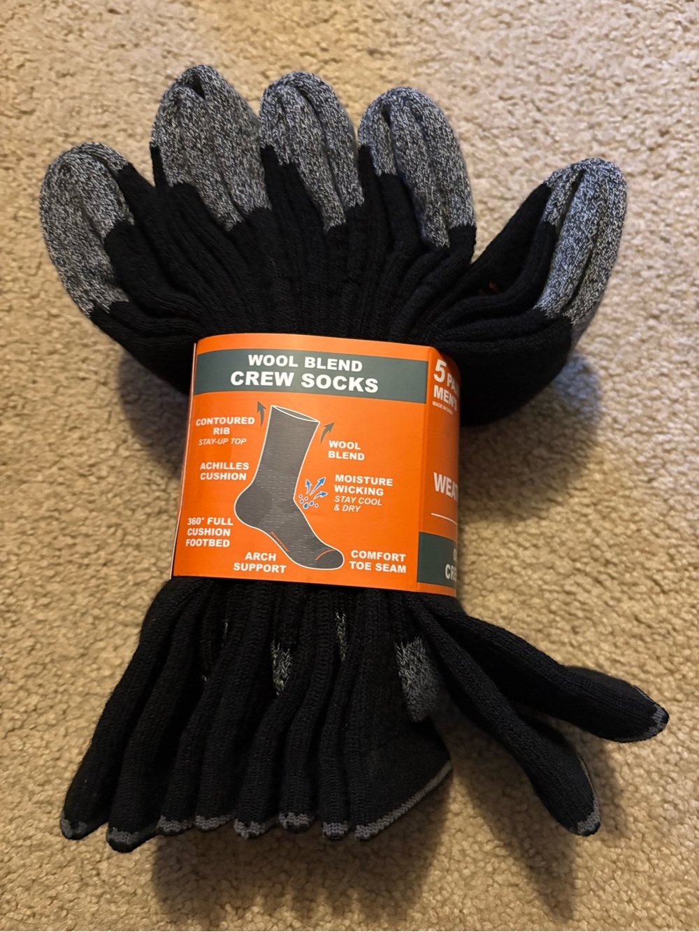 Wool Blend Crew Socks - Black & Gray (5-Pack)